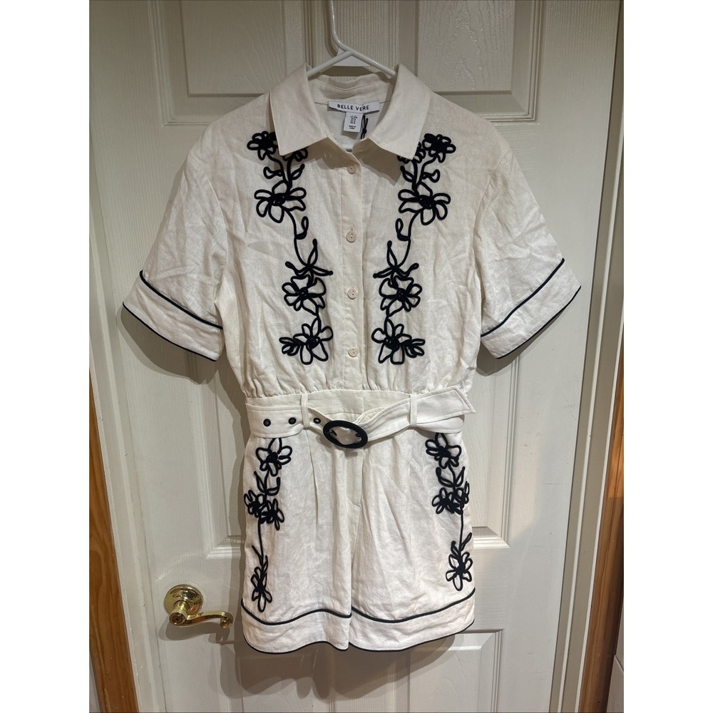 New Belle Vere Linen Blend Belted Ivory Romper Medium